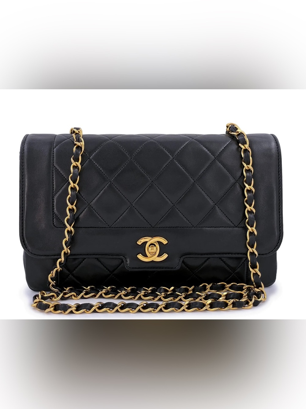 Authentic CHANEL Rare 24k gold black lambskin leather Diana bag